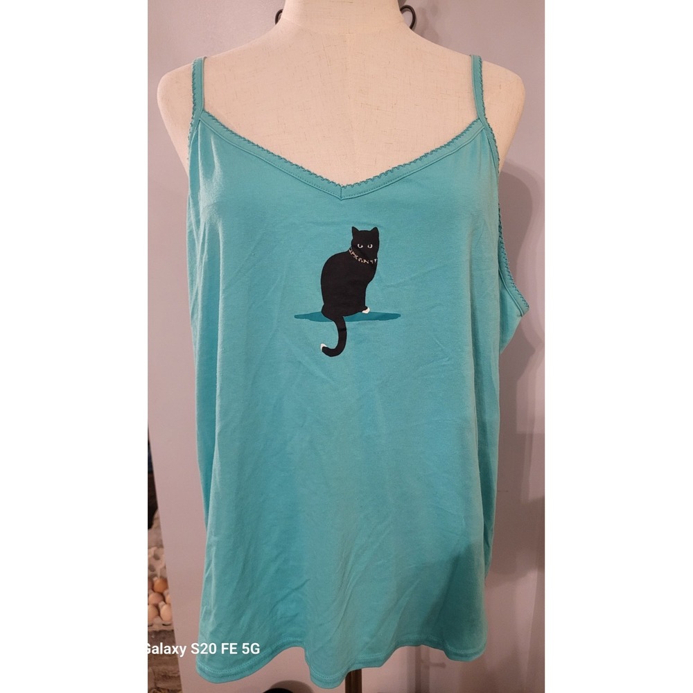 Womens Cotton Teal Cat Tank Top Cami SZ 3X Cat Lady Top